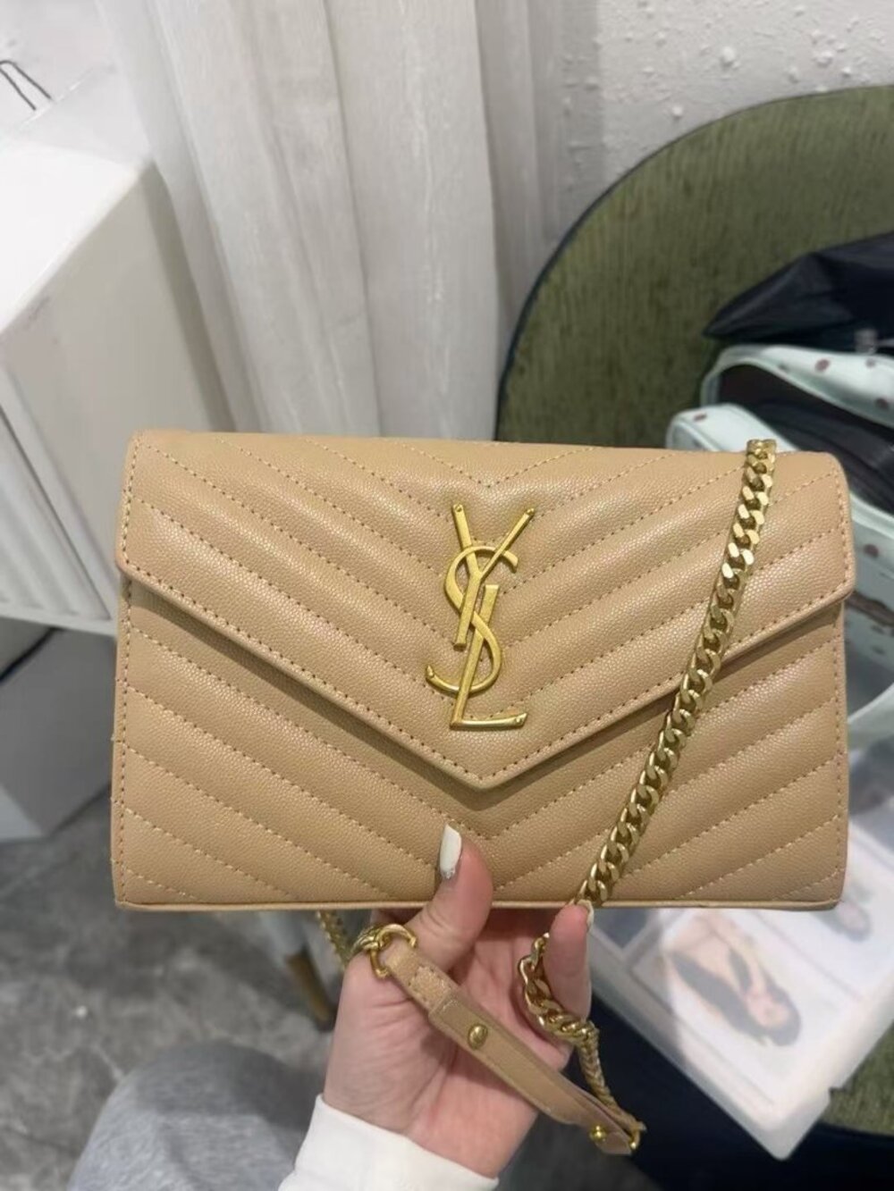 SAINT LAURENT YSL Envelope khaki Label Logo Leather Envelope Bag